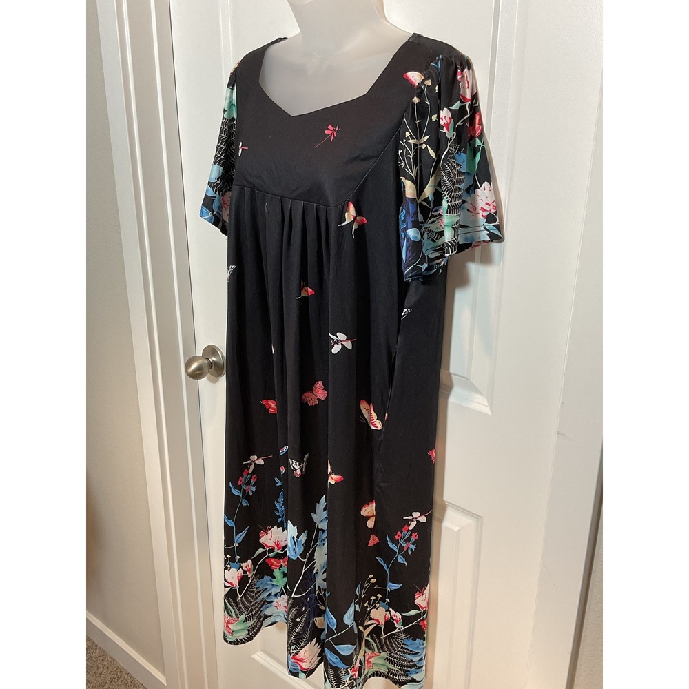 EKOUAER Black Butterfly Floral Print Short Sleeve Midi Dress Medium Nature M‎ - Picture 2 of 10
